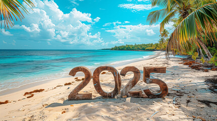 sign letter 2025 on a tropical beach,  New Year 2025, Concept of planning, start, career path, business strategy, opportunity and change	