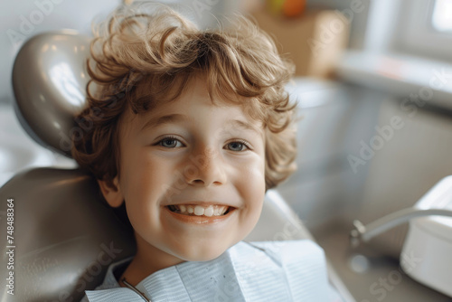 Happy little boy during appointment at dentist office