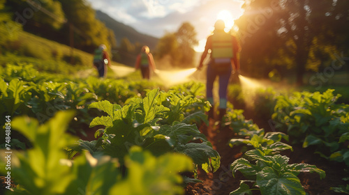 Man farmer to spray herbicides or chemical fertilizers on the fields