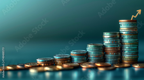 arrow and coin stacks on a blue background. Financial success and growth concept. copy space