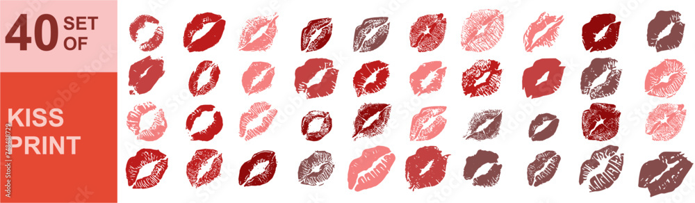 set of Lipstick kiss print Different shapes of female sexy pink and red lips. Sexy lips makeup, kiss mouth. Female mouth.