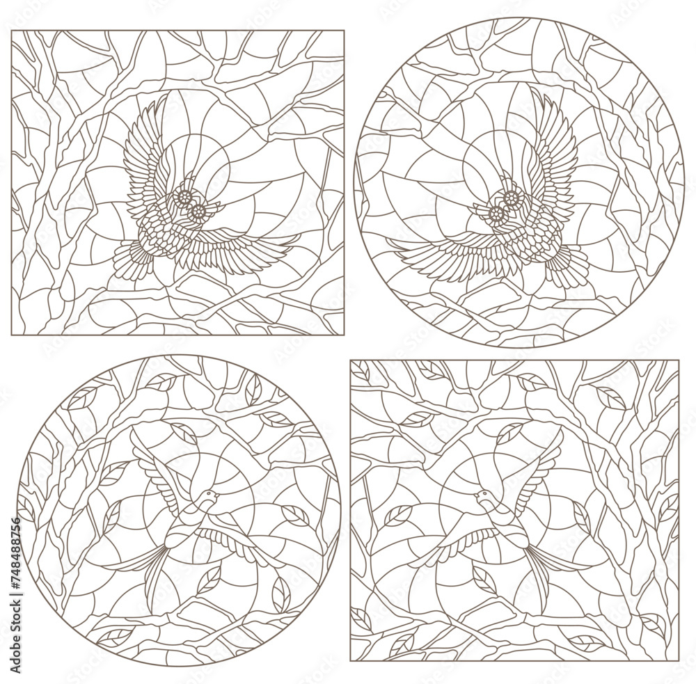 Set contour illustrations of stained glass with birds, dark outlines on a white background Set contour illustrations of stained glass with birds, dark outlines on a white background