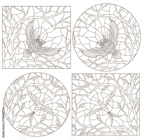Set contour illustrations of stained glass with birds, dark outlines on a white background