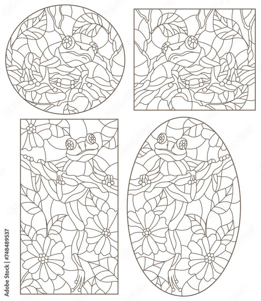 A set of contour illustrations of stained glass frogs sitting on tree branches, dark contours on a white background A set of contour illustrations of stained glass frogs sitting on tree branches, dark contours on a white background