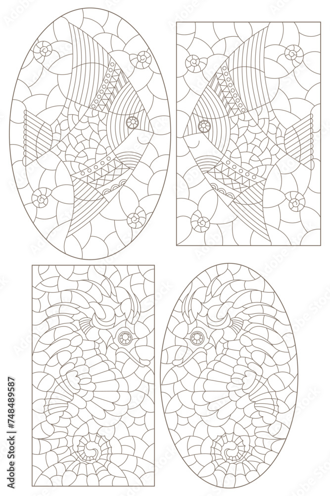 Set of contour illustrations in the style of stained glass with seahorse and fish, dark outlines on a white background