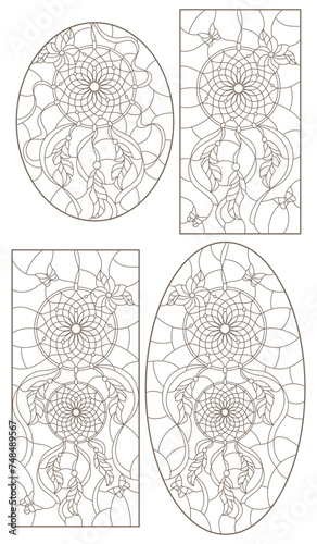 Set of outline illustrations of stained glass Windows with dream catchers and butterflies, dark outline on white background
