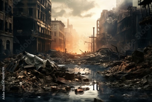 Ruined Destroyed city buildings. Street war invasion. Generate AI