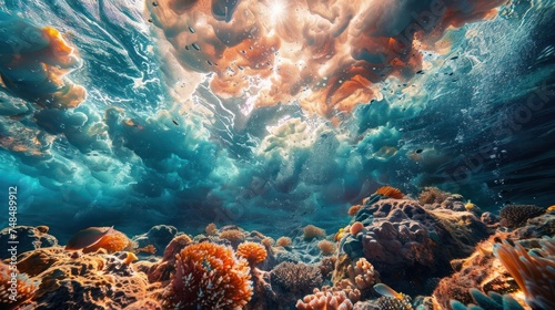 Vibrant Underwater Sea Anemones and Bubbles © happysunstock