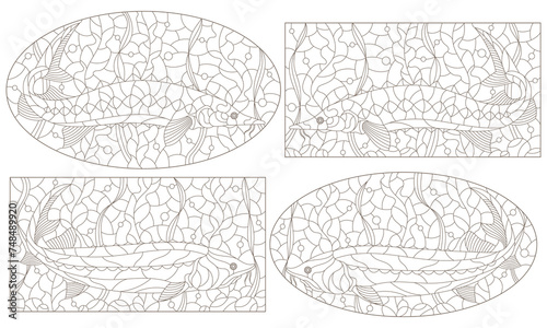 Set of contour illustrations in stained glass style with beluga fishes, dark outlines on a white background