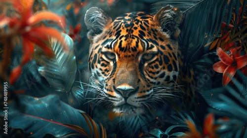 Jaguar Amidst Lush Tropical Foliage