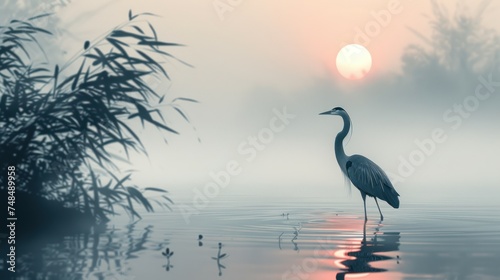 Serene Heron in Misty Lakeside Sunrise © happysunstock