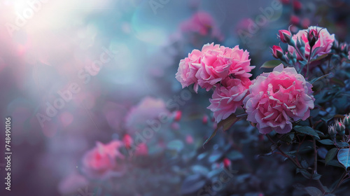 Bush of pink flowers with blurry background, suitable for spring or naturethemed designs, greeting cards, website banners, or floral backgrounds. © Planetz