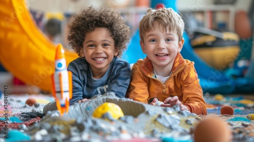 Young Boys Playing with Rockets in a Playroom