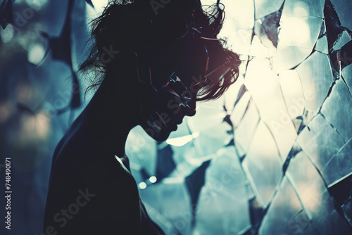 Sad upset young woman with crashed, divided into many parts glass background. Depression, conflict, emotions, crisis, fractured identity, emotional turmoil, vulnerability, relationship breakdown