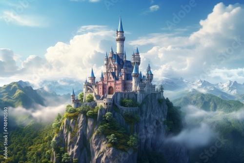 Fairytale magic castle on top of a mountain