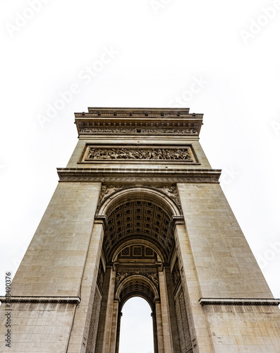Sideways and frog eye view of Arc de Triomphe in Paris, France, isolated on white