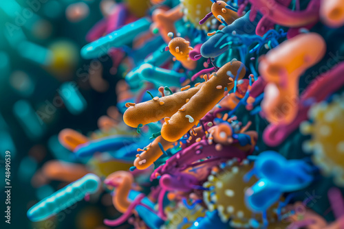 Diverse colorful abstract microbiome, containing many different types of microorganisms. Neural network generated in January 2024. Not based on any actual scene or pattern. © lucky pics