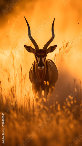 Golden Silhouette: An Iconic Portrait of a Majestic Antelope Galloping Powerfully Against a Sunset Savannah Backdrop © Bill