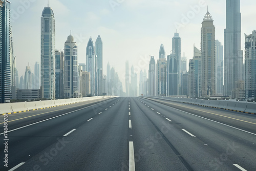 The empty highway surrounded by highrises. photo