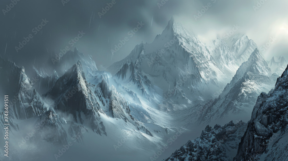 Image of mountains and snow by ian robinson. - obrazy, fototapety, plakaty 