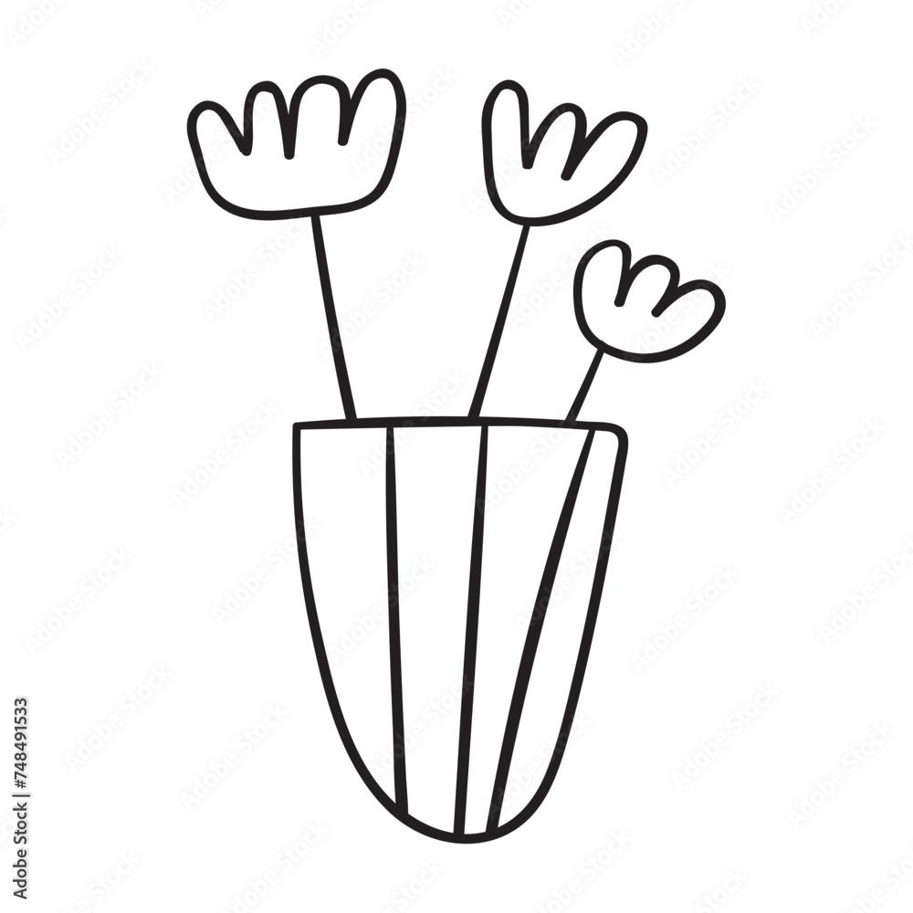 Flowers in a vase. Hand drawn outline icon. Black color. Vector illustration on white background. Flowers in a vase. Hand drawn outline icon. Black color. Vector illustration on white background.