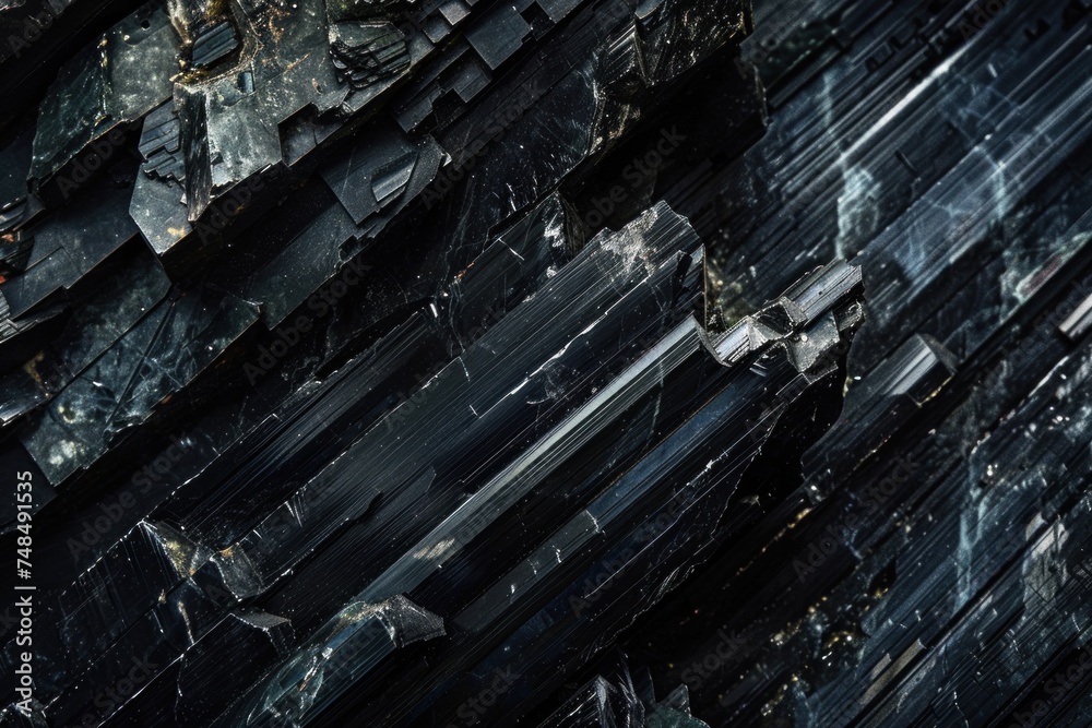 Extreme close-up of black tourmaline showcasing its intricate natural striations and textures.