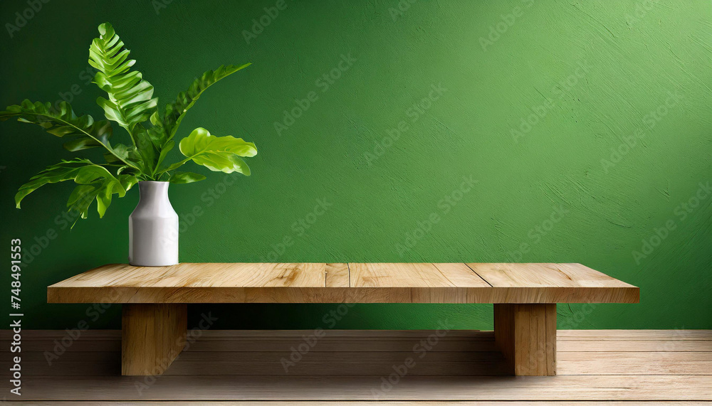Contemporary Nature: Wood Table Product Showcase Mockup with Green Wall Design