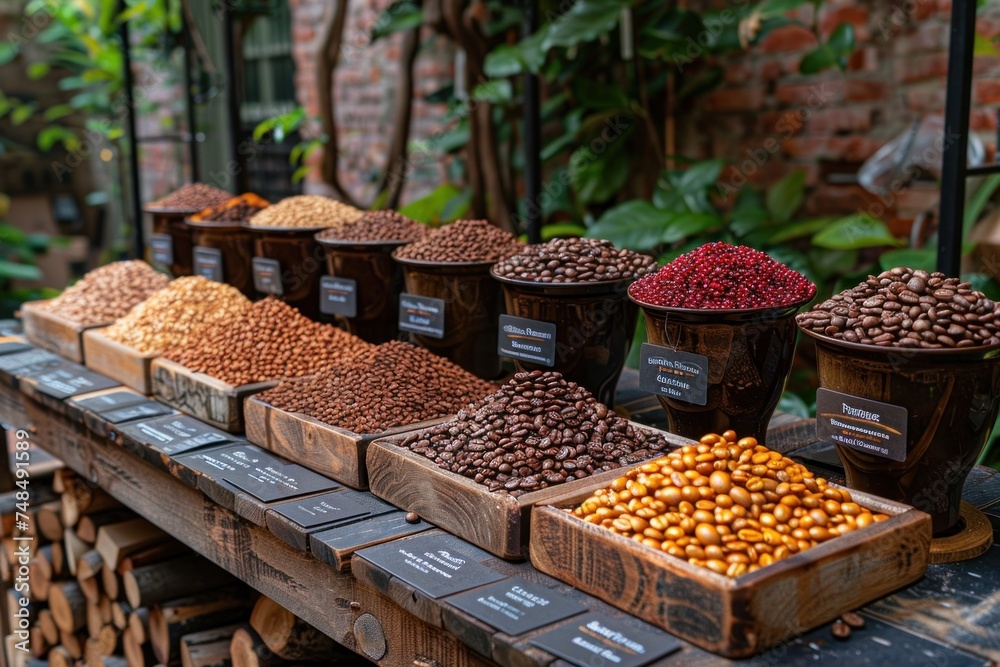 Assorted coffee beans and berries displayed on a rustic wooden table for an outdoor tasting event. Assorted coffee beans and berries displayed on a rustic wooden table for an outdoor tasting event.