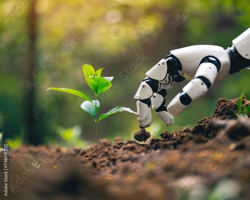 A close-up of a robot hand planting a tree seed into fertile soil photo