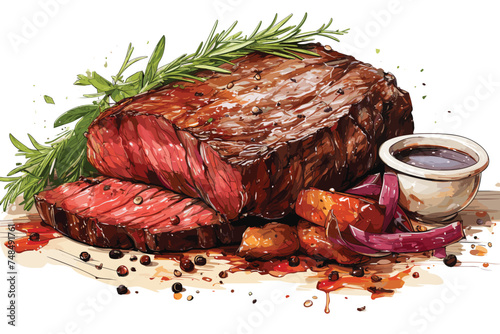 Concept of tasty food with beef steaks on white background