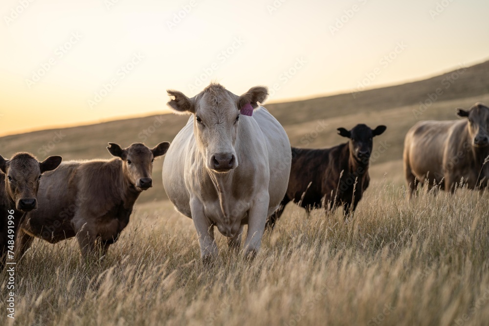 beautiful cattle in Australia eating grass, grazing on pasture. Herd of cows free range beef being regenerative raised on an agricultural farm. Sustainable farming of food crops. Cow in field beautiful cattle in Australia eating grass, grazing on pasture. Herd of cows free range beef being regenerative raised on an agricultural farm. Sustainable farming of food crops. Cow in field