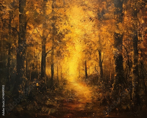 Golden hour in an autumnal forest rendered in nebulous art