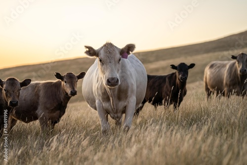 beautiful cattle in Australia  eating grass  grazing on pasture. Herd of cows free range beef being regenerative raised on an agricultural farm. Sustainable farming of food crops. Cow in field