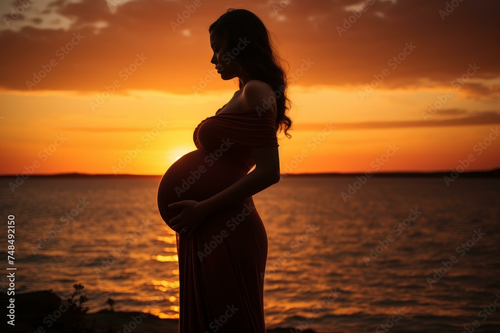 Radiant Pregnant woman sunset nature. Happy mom. Fictional person. Generate Ai
