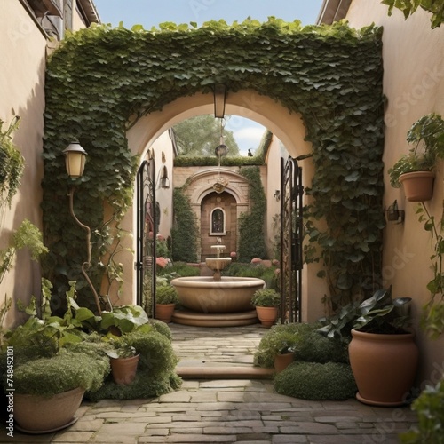  A whimsical garden gate opens to reveal a charming courtyard  with ivy-clad walls  a bubbling fountain  and potted plants creating a secluded haven. 