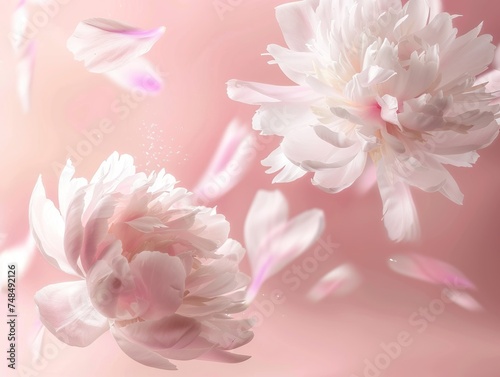 a flying big white falling flower art, wedding romantic bloom peony nature celebration background, decoration pastel pink holiday creative background