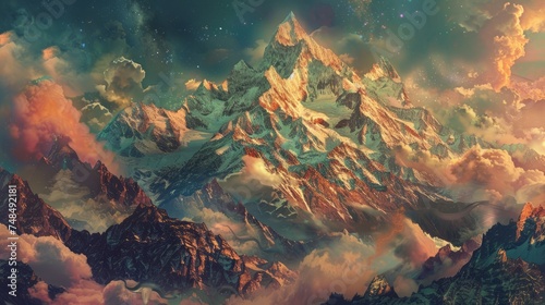 Surreal mountains backdrop ethereal beauty