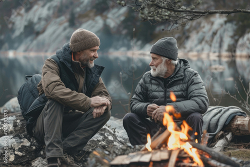 adult man and his senior father talking by campfire in nature