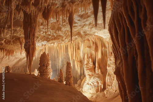 Interior of a limestone cave featuring prominent stalactite and stalagmite formations, highlighting geological development over time. photo