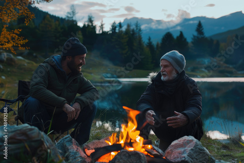 adult man and his senior father talking by campfire in nature