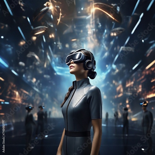 "An immersive virtual reality experience, with individuals wearing sleek headsets in a digitized landscape, exploring the limitless possibilities of futuristic entertainment and communication."