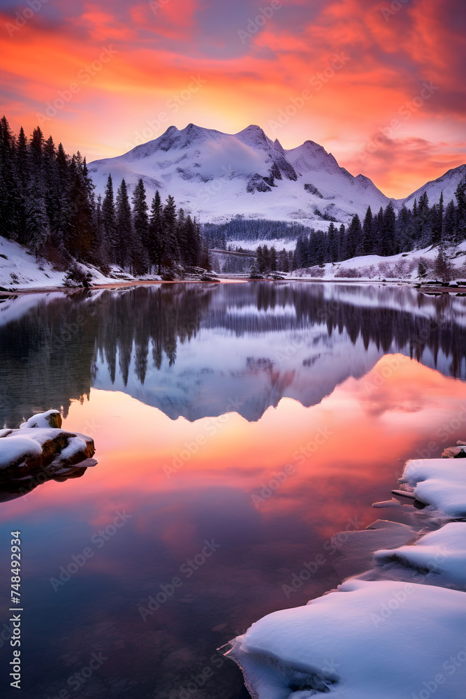 Awakening Infinity: A Heavenly Dawn Breaking Over Serene Mountain Lake