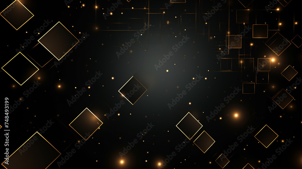 Obraz premium Abstract dark technology futuristic digital graphic concept gold square, line technology Wireframe background with plexus effect. Futuristic. material in square shapes in random geometric patterns.