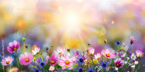 Spring flowers background with sunbeams, perfect for springthemed designs, nature projects, backgrounds, greeting cards, and floralthemed marketing materials. © Planetz