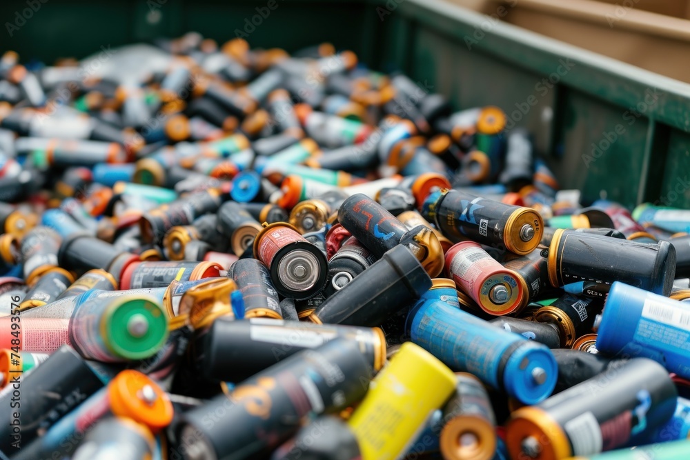 Used household batteries collected in a bin for recycling, highlighting the importance of proper battery disposal. Used household batteries collected in a bin for recycling, highlighting the importance of proper battery disposal.