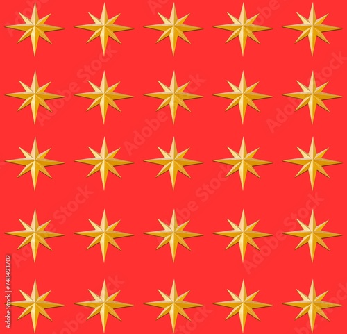 Gold star seamless textile fabric pattern on a red background. Decorative vector illustration design.