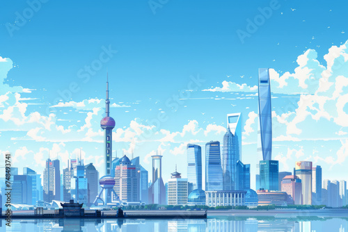 The shanghai skyline of blue and silver color.