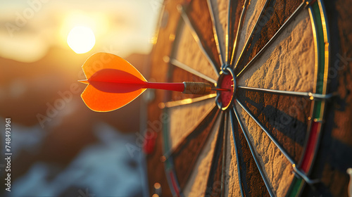 Close up red dart arrow hitting target center dartboar. generative ai 