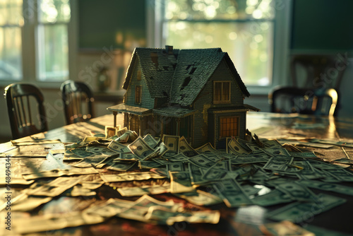 Thumbnail of a new house with money scattered on the table, money or finance and house concept