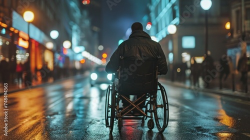 Man on wheelchair cross the road at dusk, Lifestyle living in street transport